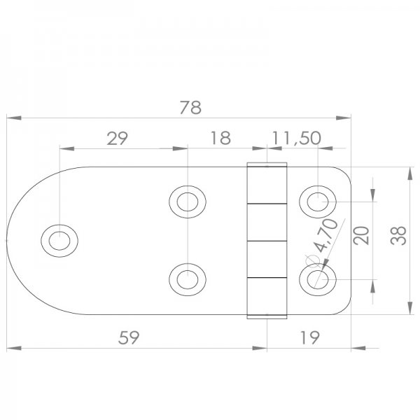 Paslanmaz Yaprak Menteşe 78 x 38 x 2mm Yuvarlak